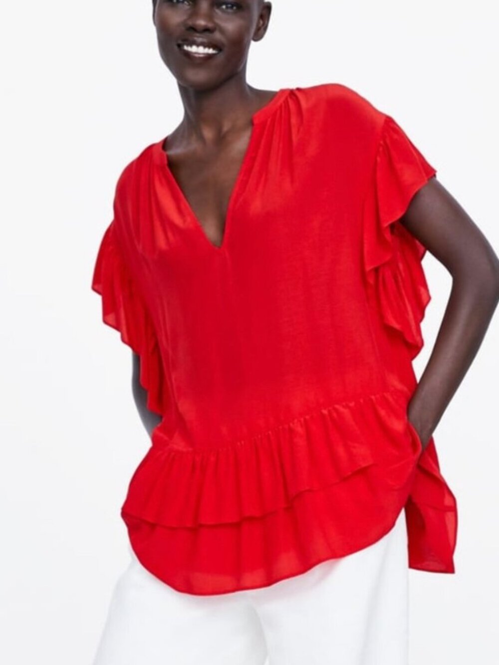 Zara Red Ruffled Top XS S M Short Sleeve V-Neck Oversized Flowy Women's Blouse